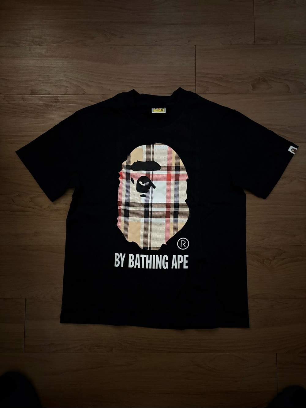 Bape Black Short-Sleeve Tee with Plaid Ape Head
